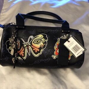 Ed Hardy Black Faux Leather Barrel Shoulder Bag Butterfly & Skull Tattoo NWT